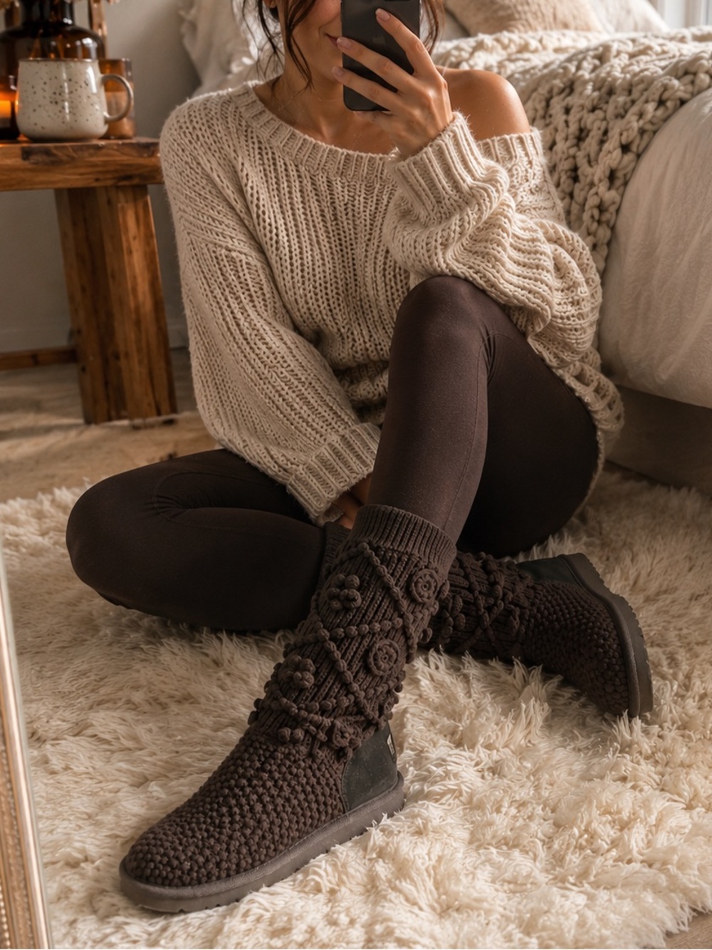 UGG Australia Brown Floral Knit Tall Boots Size 8 Crochet Sweater Style